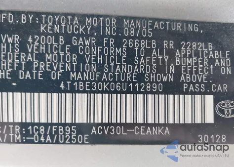 2006 Toyota Camry Le z USA, uszkodzony, nr VIN 4T1BE30K06U112890